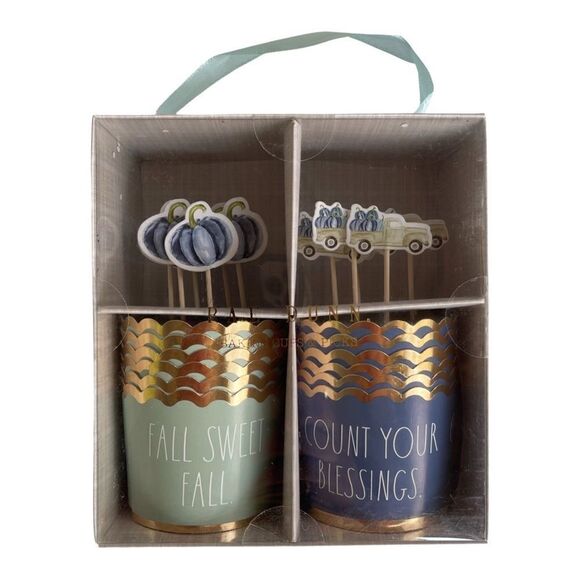 Rae Dunn 12 Piece Fall Sweet Fall & Count Blessings Cupcake Liners & Picks NWT - Picture 2 of 6